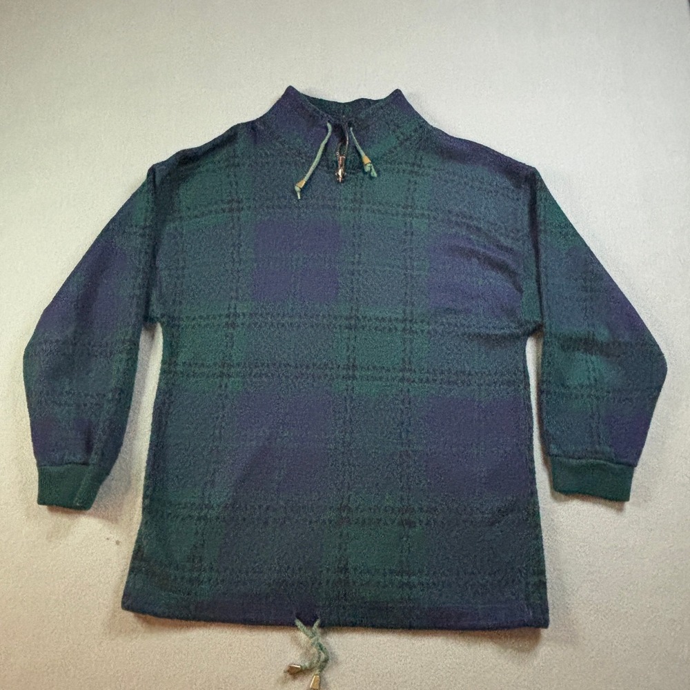 VTG Carolina Colours Plaid Fleece Pullover Womens M Green Navy Quarter Zip 90s